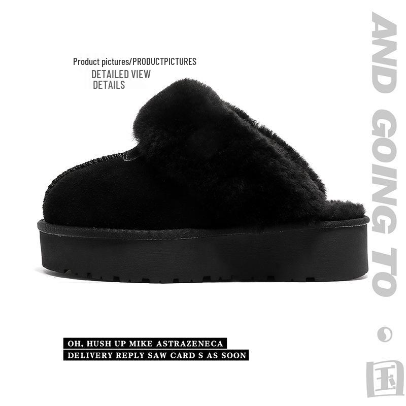 Women's Furry Leather Snow Boots - Thick Sole, Closed Toe, Non-Slip, Warm Slippers