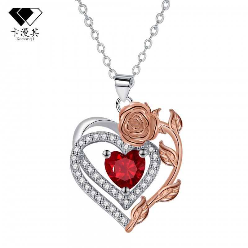 Elegant Rose Gold Heart Pendant Necklace Women Floral Design Copper Chain Delicate 41-50cm Adjustable Length Crystal Gold
