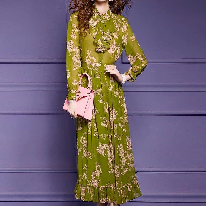 

Макси-платье с длинными рукавами и ретро-принтом, приталенное, рукава-фонарики, французская элегантность XL