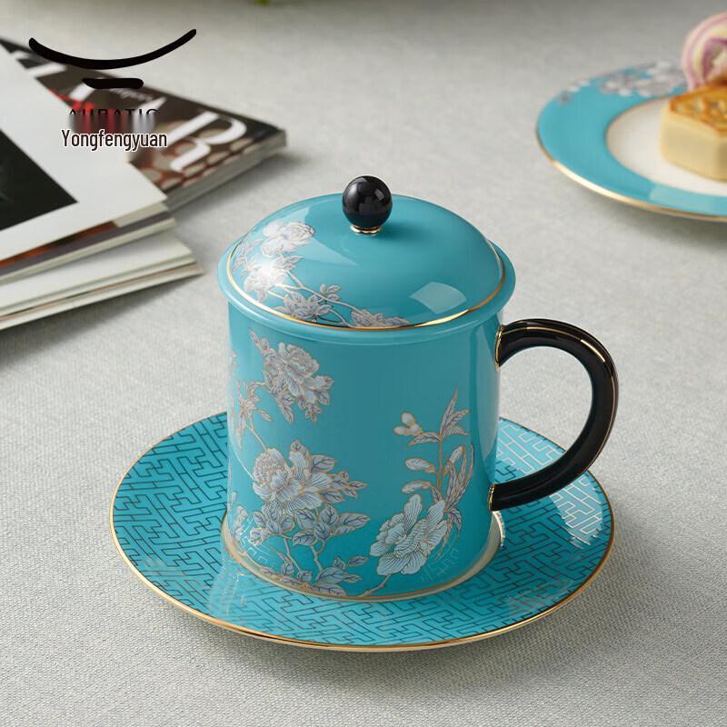 Yongfengyuan Ink Peony Ceramic Tea Cup with Lid (3-Piece Set)