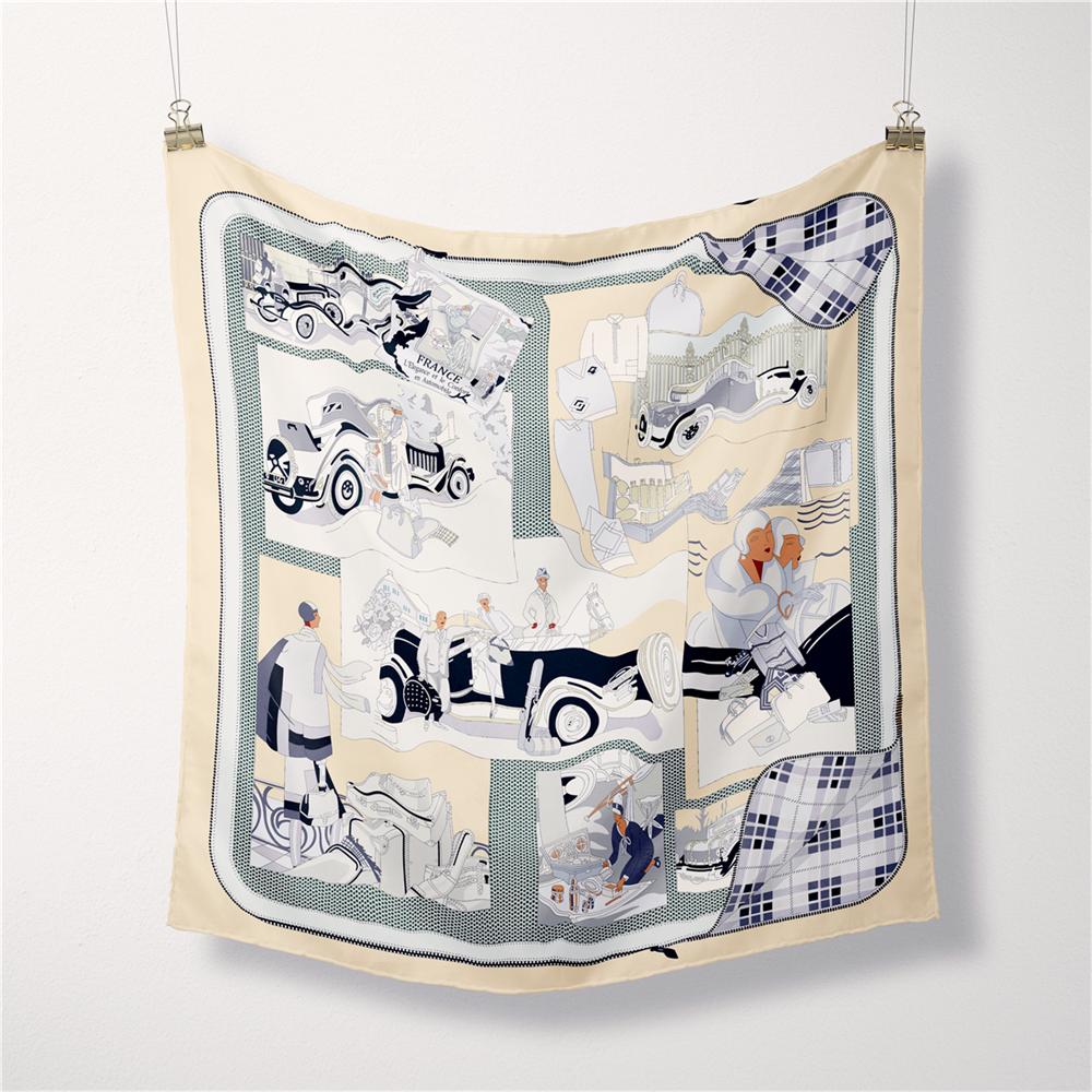 Silk Scarf Women France Car Print Square Scarves Wraps Bandana Small Hijab Foulards Lady Tie Headband Neckerchief