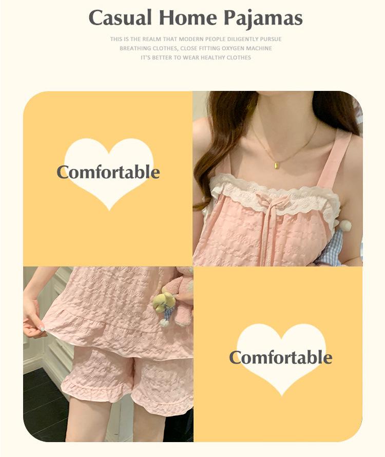 2026 Summer Woven Cloud Cotton Pajama Set with Chest Pads - Women’s Sweet Princess Cami Home Wear