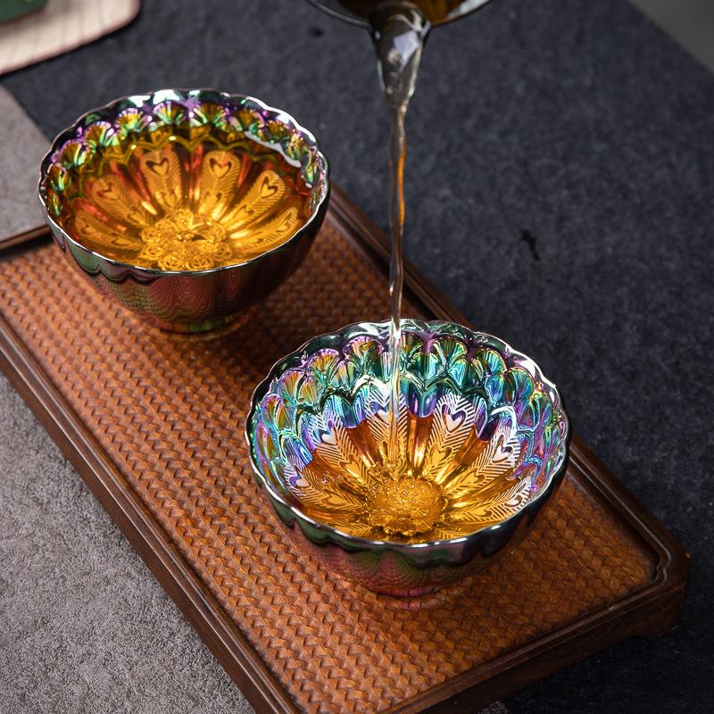 1 piece, colorful kiln-changed gold peacock teacup, Jianzhan master cup, tea tasting cup, kung fu tea set, ceramic personal special single cup