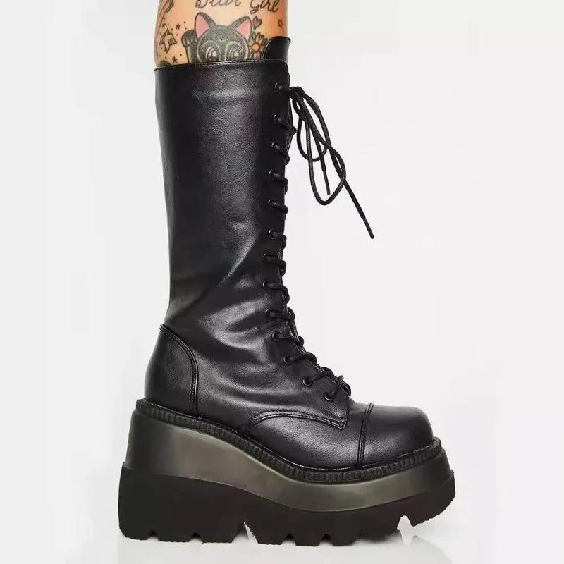 Winter Boots Women Platform Shoes Booties Rain Combat Military Short Leather Black New Rock Punk Goth Lolita