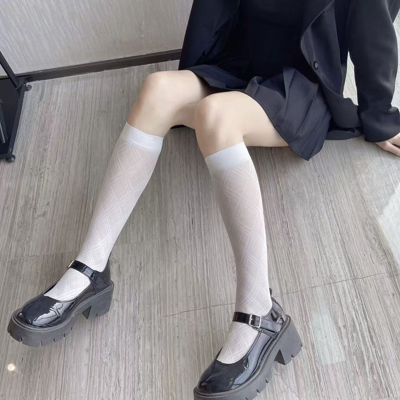 

High-Knee Slimming Socks for Women | Summer Japanese-Style Lace Slimming Diamond Pattern Socks - JK Academy Uniform Thin Grid Knee-High One Size
