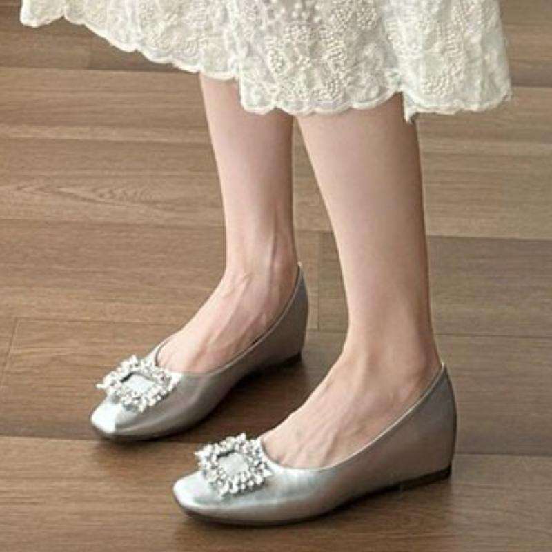 Women's Thick Heel Shoes Spring New Square Head Shallow Mouth Splicing A Word Buckle Waterproof Non-slip Low-top Shoes