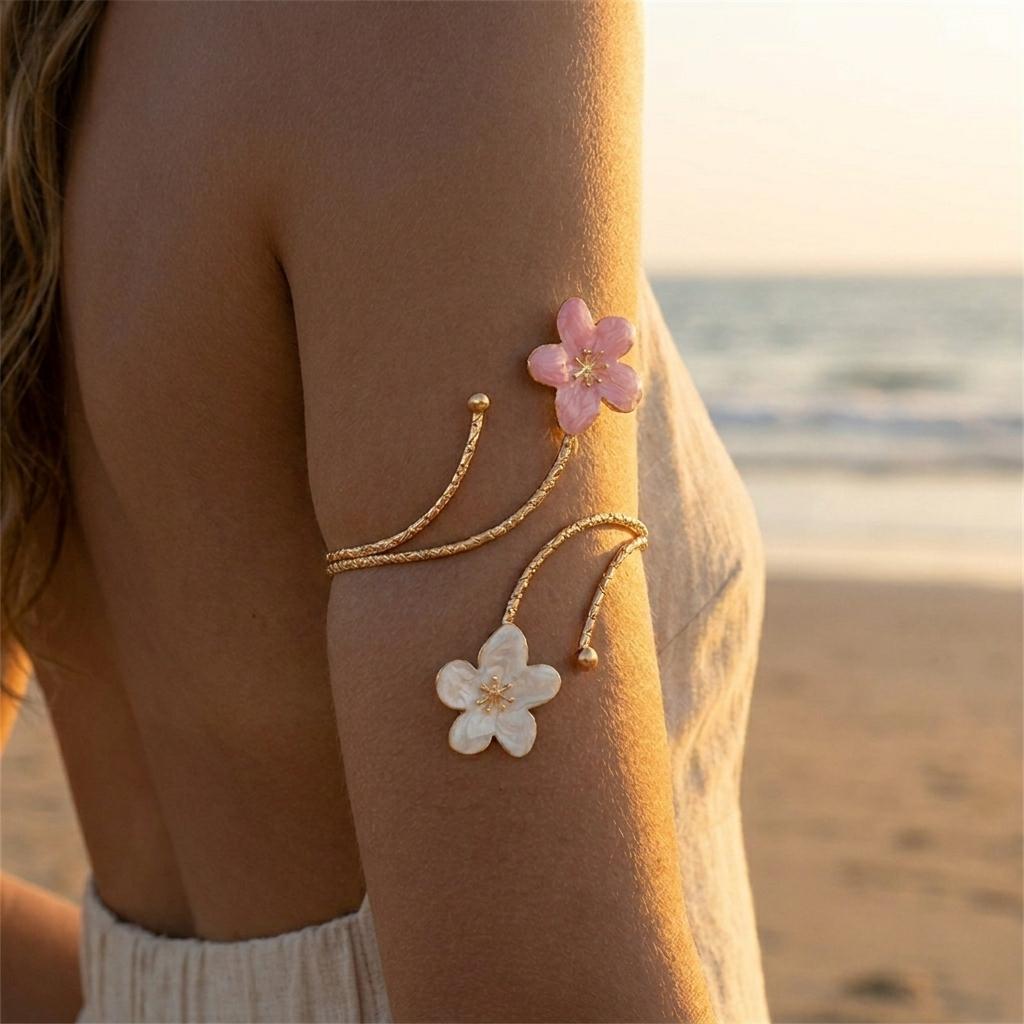 Ausgefallenes Statement Metallblumen Armreif für Damen Klobiges Floral Oberarm Armband Edelstahl Offener Manschetten Armschmuck