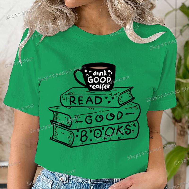 Casual Vintage Book Coffee T Shirt Women Trendy Bookish Short Sleeve Tshirt Book Lover Party Gift Coffee Lover Summer Clothes