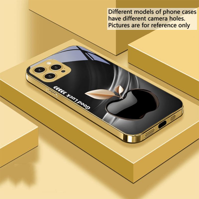 Simple Black Happy Apple For IPhone 16 Pro Max 15 P Ro 14 13 Plus 12 Mini 11Pro Max XS Max XR Golden Tempered Glass Phone Case