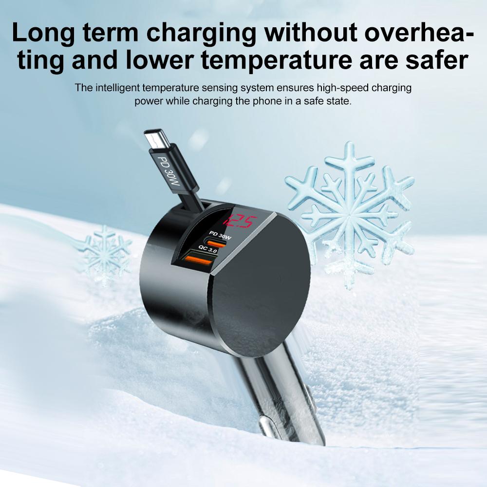 New Dual Pd30W Qc3.0 Retractable Cable 3-Port Fast Charging with Voltage Display Suitable for 12V To 24V Car Fast Charger