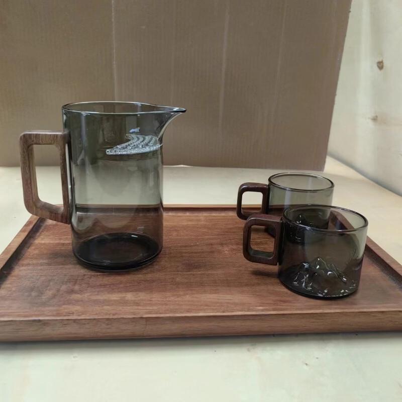 ZISIZ Transparent Black Glass Gongfu Tea Set with Wooden Handle Fair Cup