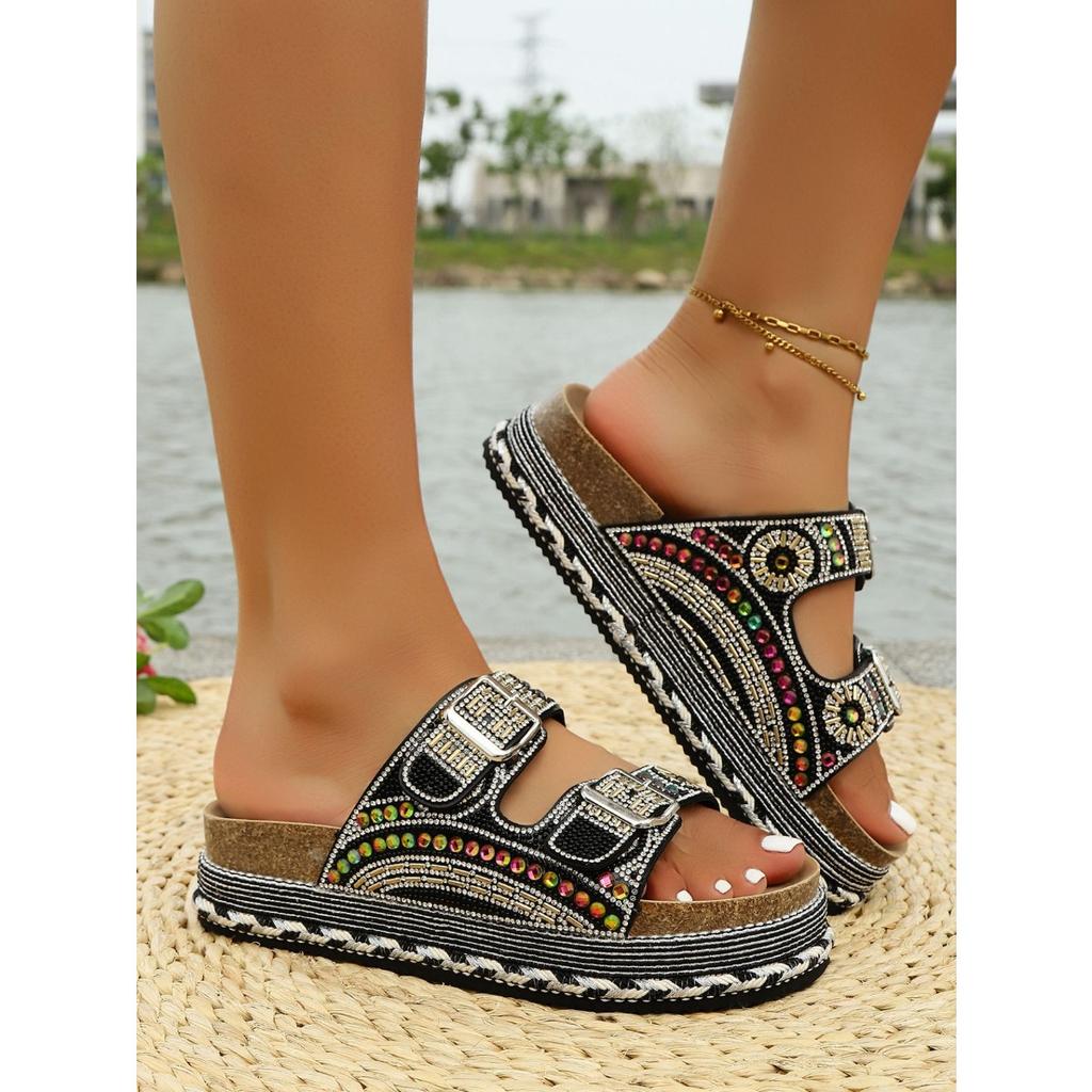 New Summer Rhinestone Platform Slippers - Women’s Plus Size Belt Buckle Slides for Outdoor Wear