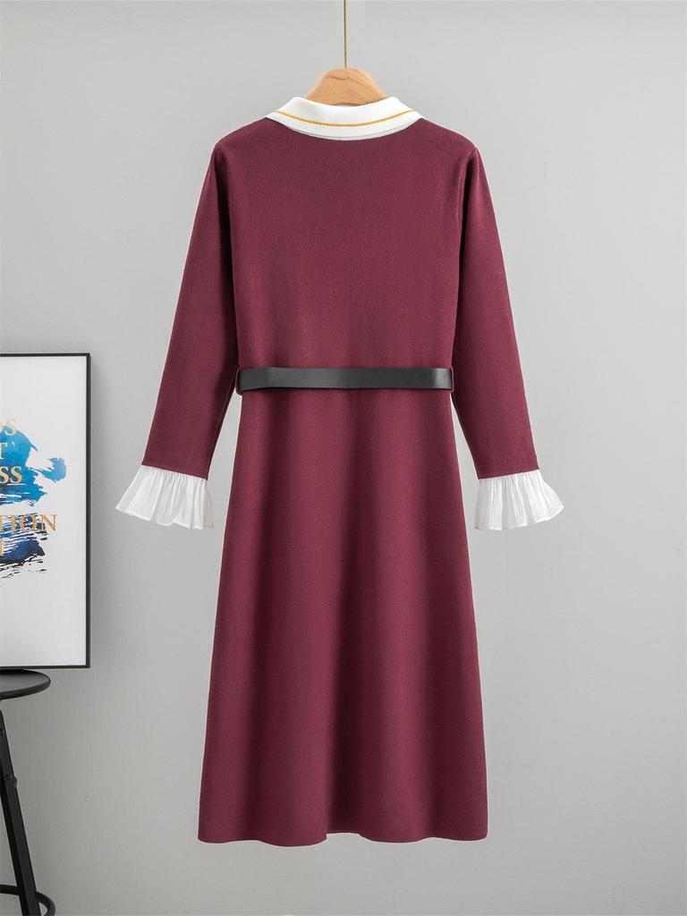 Autumn 2025 Fragrant Style Lapel Flared Sleeve Knitted Midi Dress