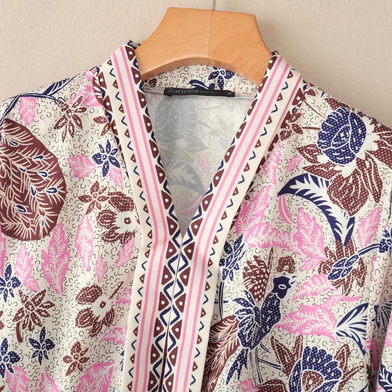 ZANZEA Women Casual V-Neck Loose 3/4 Sleeve Print Cover Up Blouse