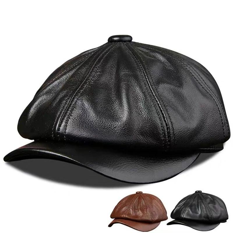 2025 Retro Octagonal Genuine Leather Hat Autumn Men's Cowhide Leather Beret Elegant Fashion Tongue Cap Snapback Caps For Men