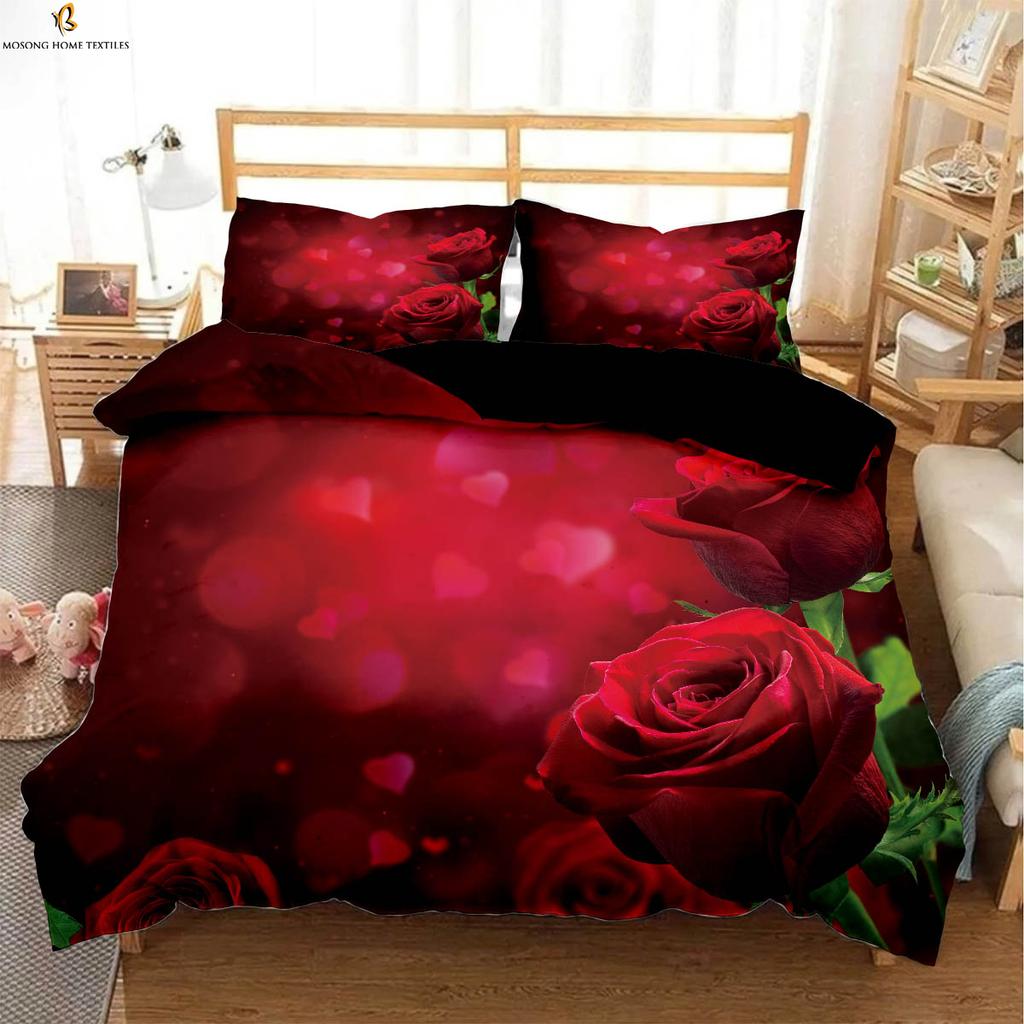 Valentine Day Romantic Red Rose Printing Quilt Cover Black White Color Matching Bedding Set Pillowcase Curtain Polyester