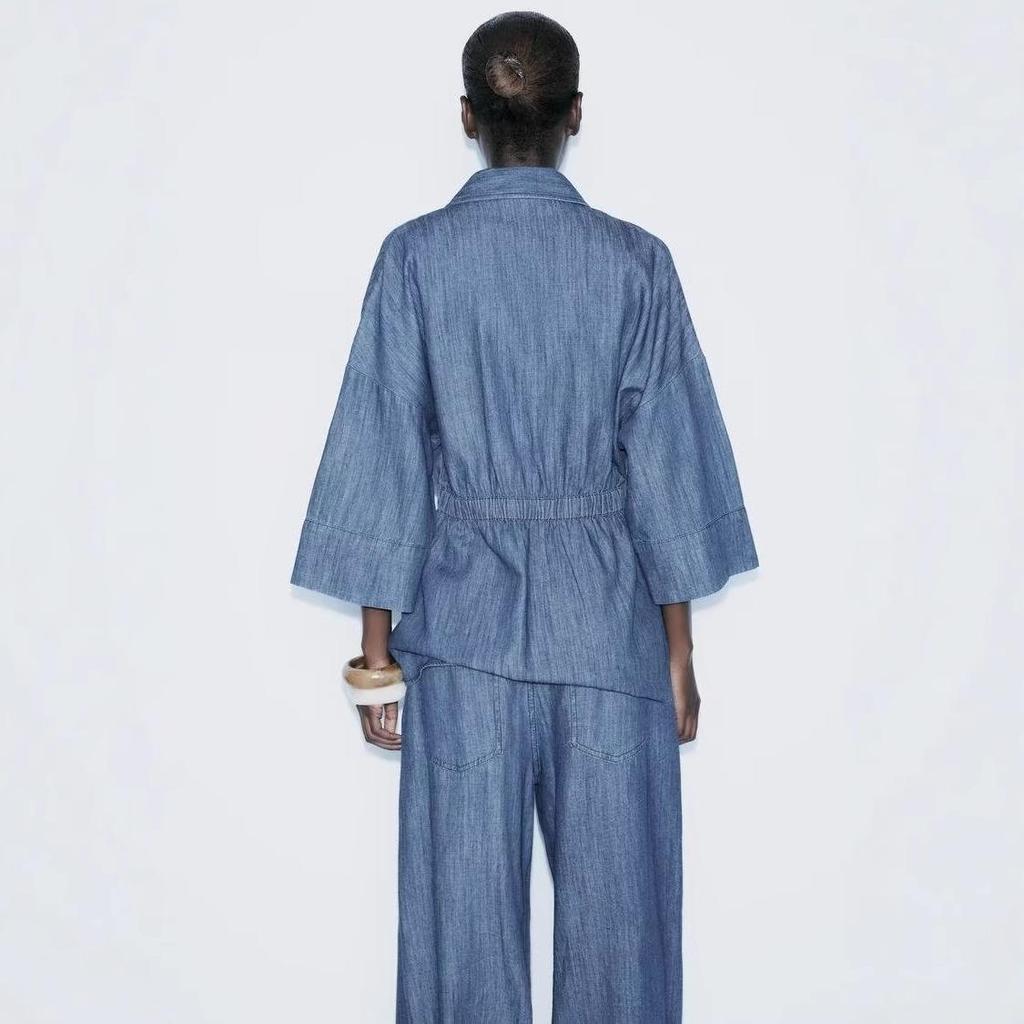 Women's Early Autumn Denim Set: Turn-Down Collar Tie-Waist Shirt & Draping Wide-Leg Pants