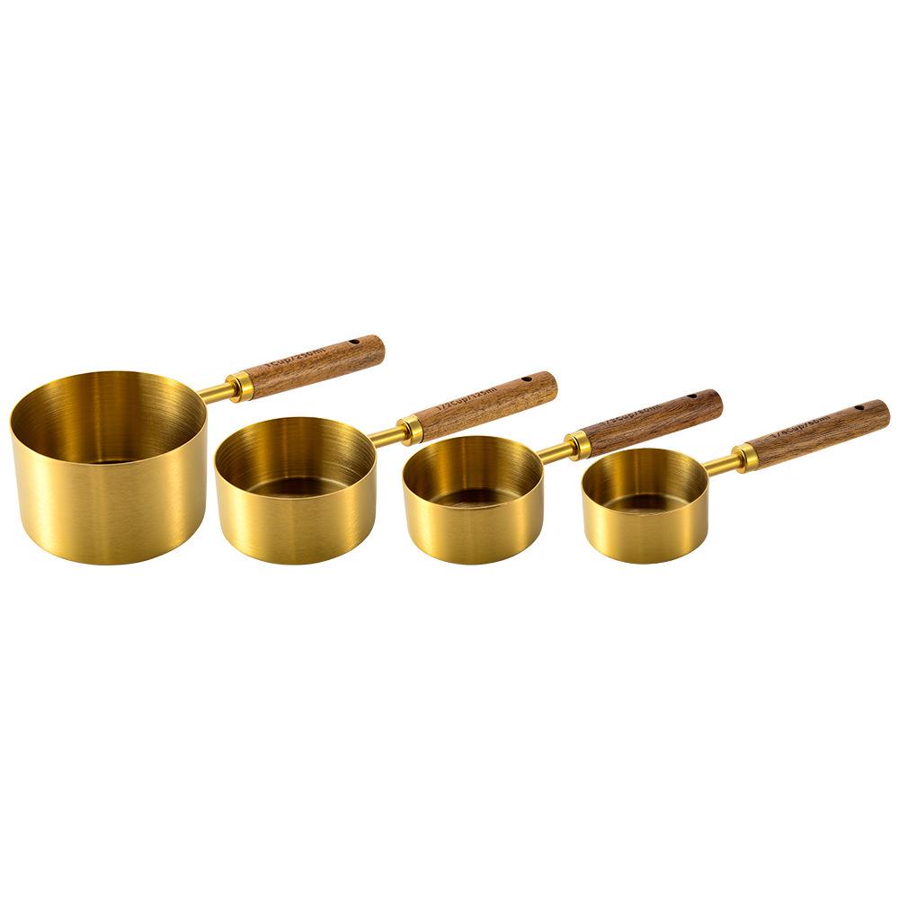 Gold-Plated Stainless Steel Measuring Cups & Spoons Set with Acacia Wood Handles, 8-Piece Kitchen Baking Tools.