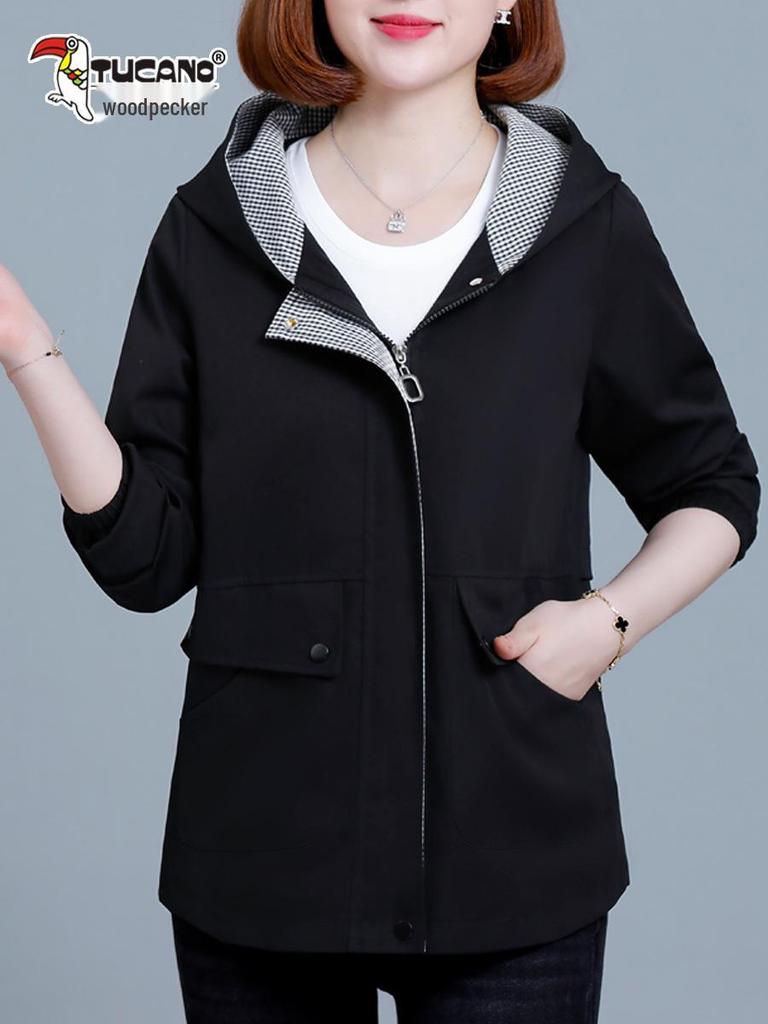 Women's Spring-Autumn Plus Size Hooded Windbreaker - Casual, Stylish, and Age-Reducing for Middle-Aged Women