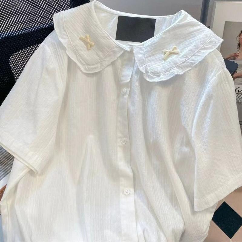 3D Bow Decoration Women's Shirt Solid Color Peter Pan Collar Ruffled Short Sleeved Blouse Japanese Style Summer New Sweet Lady Top