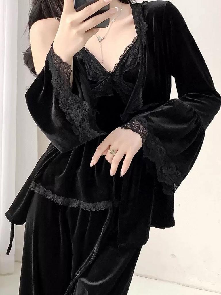 Autumn and Winter New Island Velvet Sexy Pure Desire Pajamas Women's Suspender Trousers Long-sleeved Loungewear Three-piece Set Can Be Worn Outside