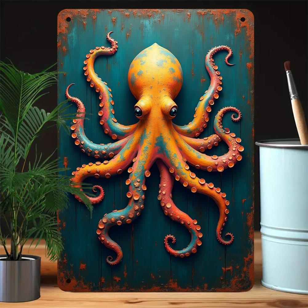 1 Piece of Retro Octopus Metal Wall Decoration - Bright Green and Rustic Aluminum Decorative Panel, Suitable for Indoor