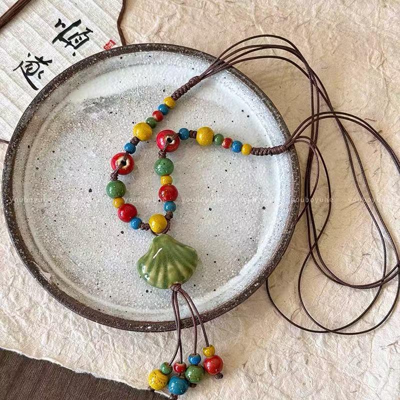 Bohemian Vintage Ethnic Necklace: Colorful Shell & Ceramic Beads On Braided Rope