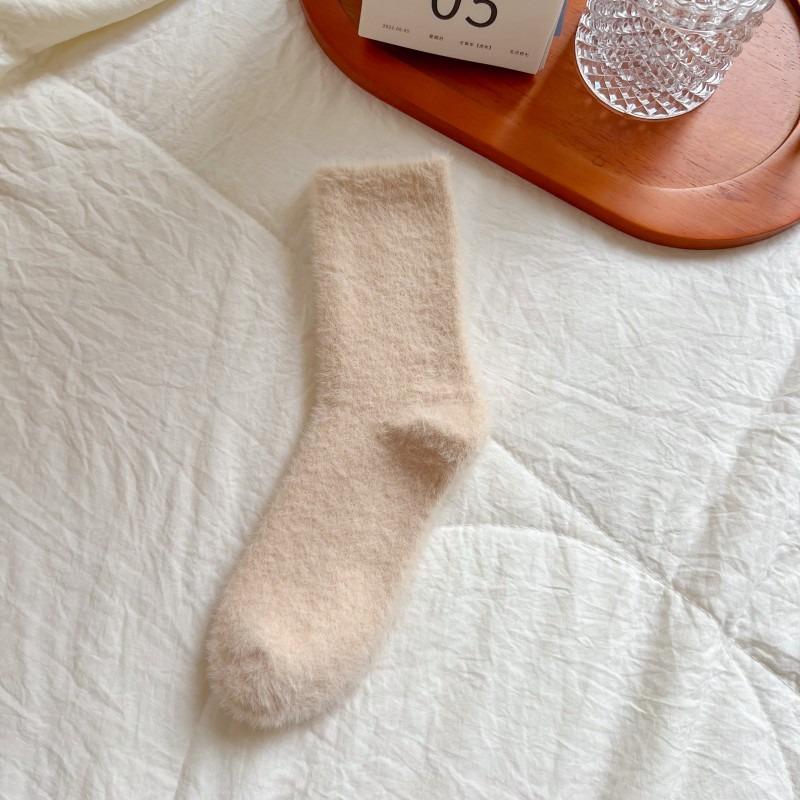 Women Coral Velvet Floor Socks Fluffy Pure Color Medium Tube Elastic Sleep Plush Sock