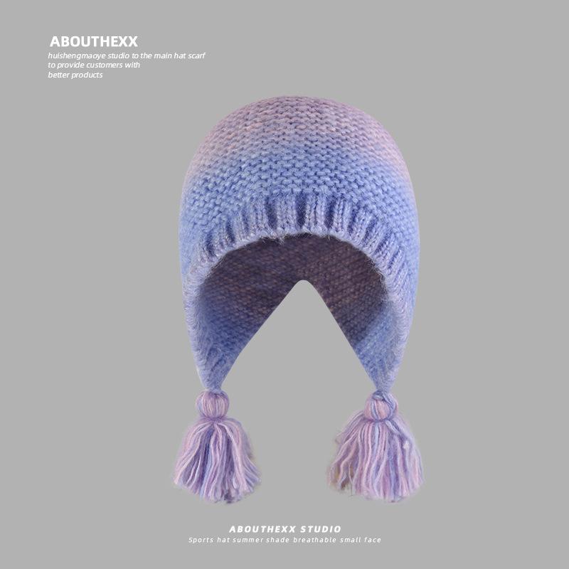 Rainbow Gradient Braided Wool Hat for Women Winter Showing Face Small Warm Lei Feng Hat Sweet Big Head Circumference Knitted Pullover Hat
