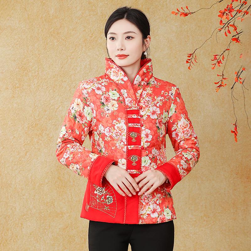 Mom's Ethnic Style Stand Collar Tang Suit: Autumn/Winter Slim Fit Cotton Jacket for Middle-Aged & Elderly Women