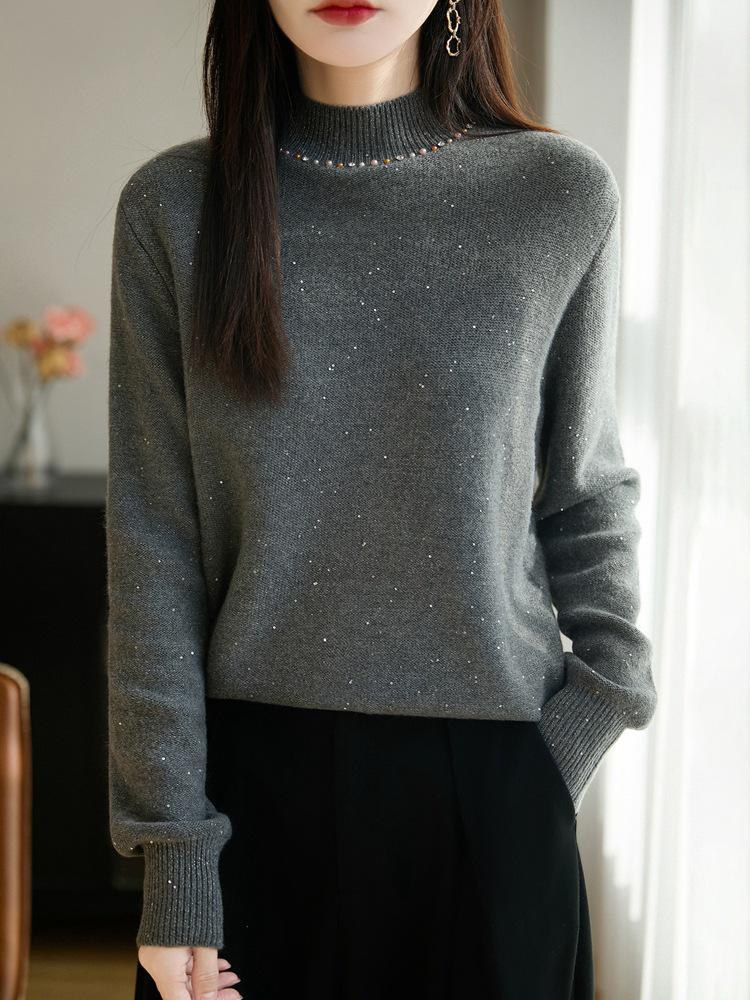 Women's Sequined Turtleneck Sweater - Autumn/Winter Fashion, Age-Defying, Loose Fit, Versatile Knitwear