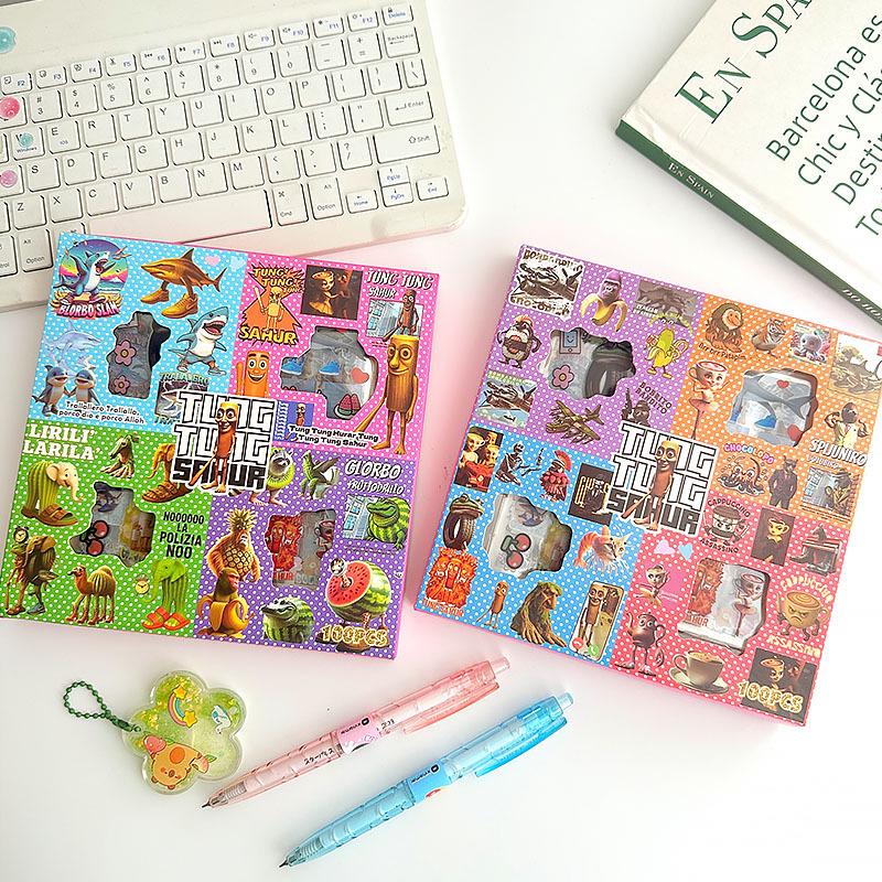 

100Sheets/Box Tung Tung Sahur Italian Brainrot Ai Abstrac Sticker Diy Transparent Waterproof Laptop Decals Reward Gift Toys