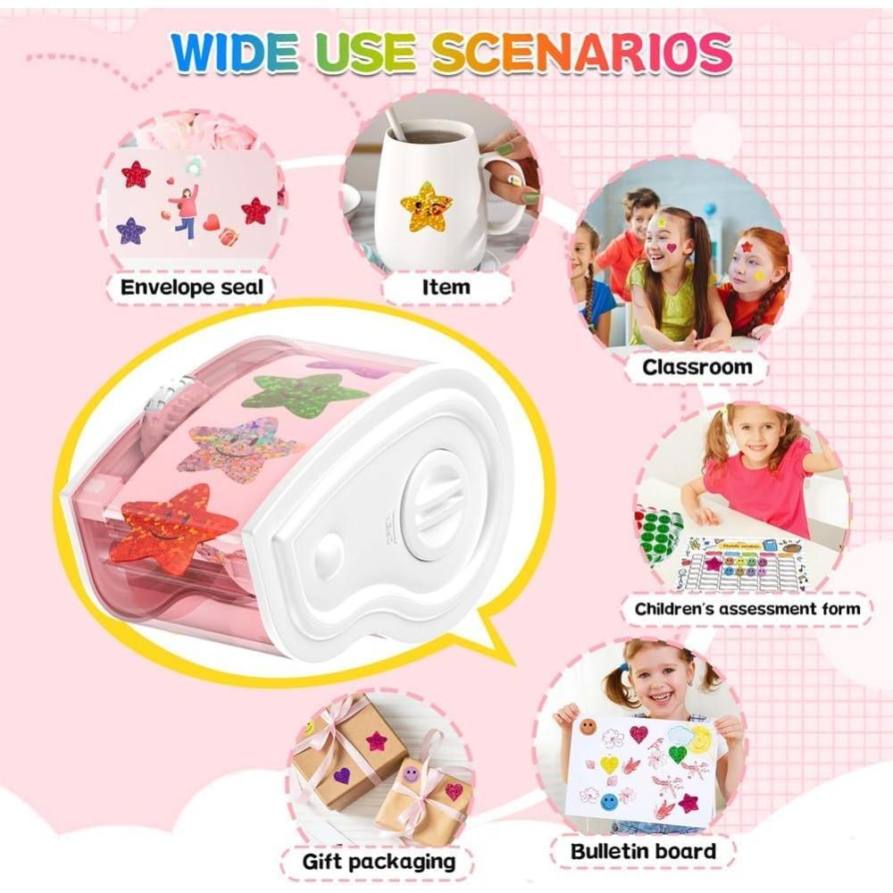 Manual Sticker Dispenser for 1-1.5 Inch Roll Stickers(1500Pcs) for Kids Gift Decoration Rewards Pink