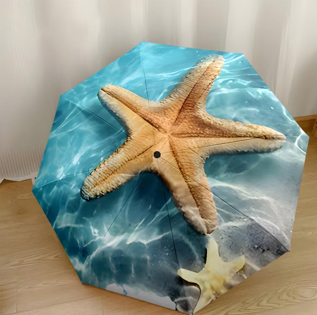 Oceanic Starfish Pattern Outdoor Automatic Umbrella Compact 8-Rib Design Foldable Design Durable Everyday Carry Umbrella Stylish Accessory
