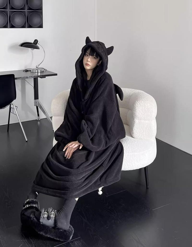 Rayiisuy Pajama Thick Long Little Devil Perfect for Fall and Cold Weather Protection Women's Blanket, Fleece-Lined Loungewear, All-in-One, Sleeves,