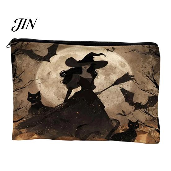 Witch Pumpkin Pattern Bag Storage Bag, with Smooth Zipper, Thickened Polyester Large Capacity Cosmetic Halloween Printed Pouch Reusable