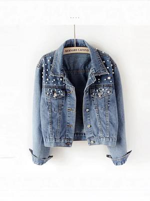 European Style Women's Rhinestone Beaded Denim Jacket - Trendy and Relaxed Fit