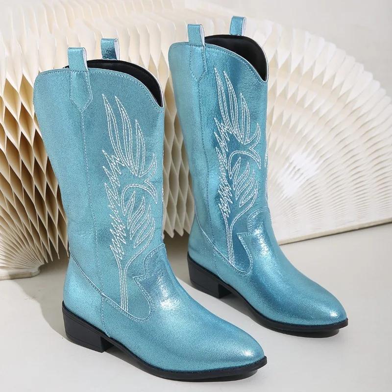 Western Cowboy Boots 2024 Winter Fashion Mid-calf Women's Boots Retro Pointed Toe Slip-on Mid Heel Pink Boots Shoes for Women