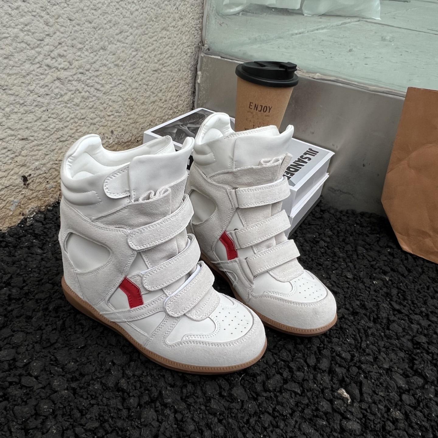 

Men Women Spring Autumn Casual Sports Shoes New Genuine Leather Increased 8LM High top White Velcro Suitable for Daily Wear and Various Occasions 38
