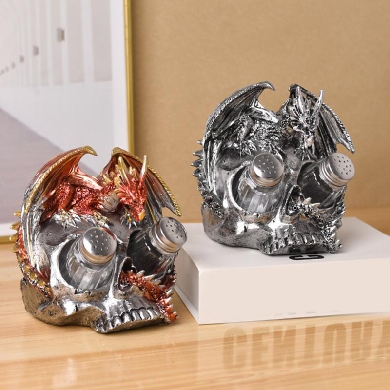 Scary Dragon Skull Statue Resins Figurine with Spices Shaker Holder Rack for Halloween Party Kitchen Restaurant Decors