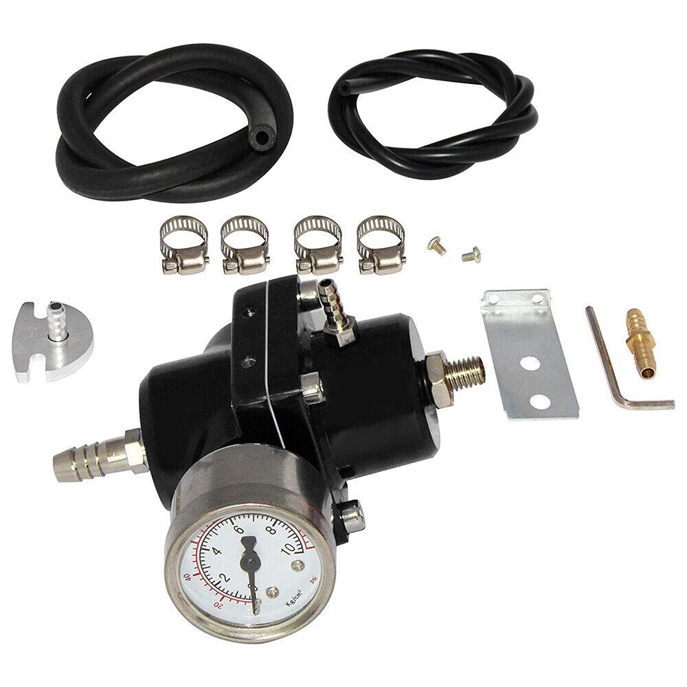 Aluminum Universal Adjustable Fuel Pressure Regulator + Gauge+ Fitting Kit Black