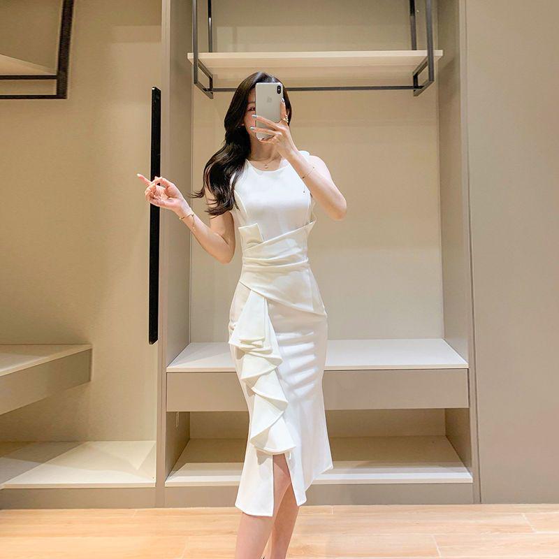 

2026 Elegant Fishtail Evening Gown: Slimming, Belly-Concealing, Hip-Hugging Bodycon Dress XL [115-124 cm] белый