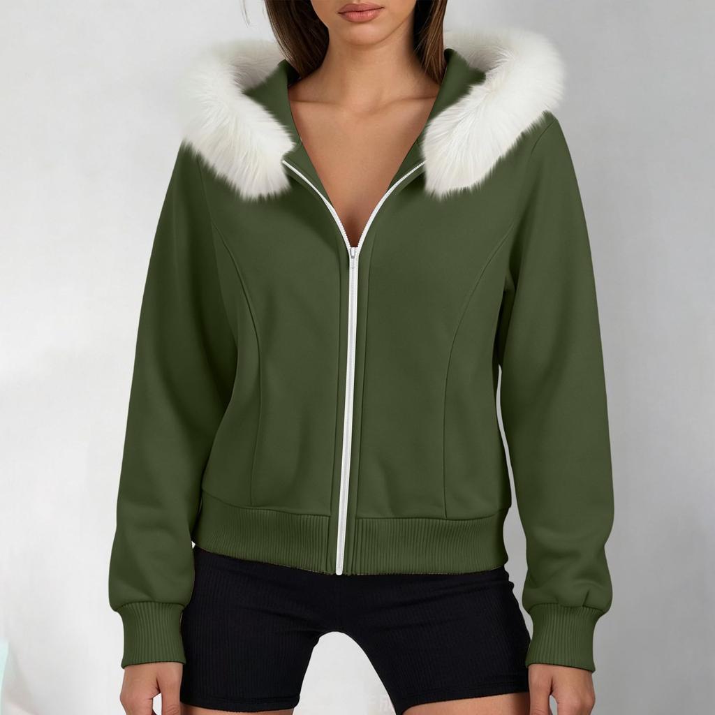 Women's Color Long Sleeve Hooded Zip Up Jacket with Pockets and Faux Collar