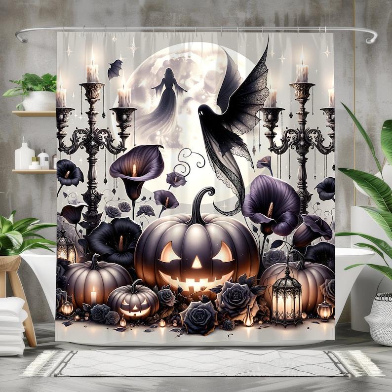 

Romantic Gothic Halloween Shower Curtain With Haunted Garden Pattern, Vintage Ghostly Glamour Waterproof Bathroom Decor W60H190(CM)-1 Pcs