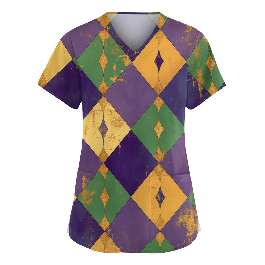 Women's Fashionable V-neck Workwear Printed Short Sleeved Pocket Side Slit Workwear Basic Pullover Top