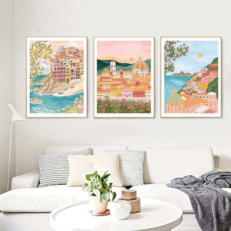 Santorini Lemon Coffee Flowers Abstract Landscape Posters and Prints Wall Art Canvas Painting Pictures For Living Room Home Deco