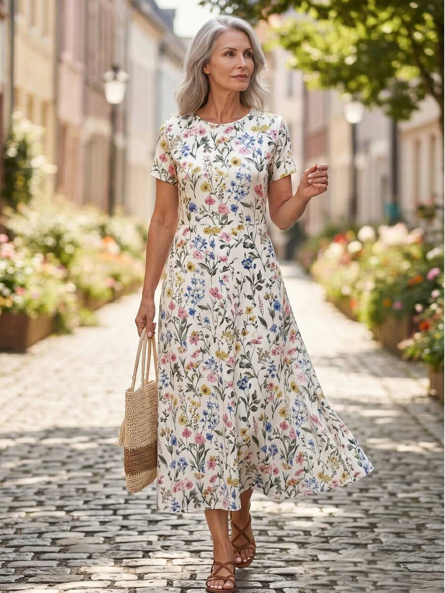 Middle-Aged & Elderly Women s Casual Floral Print Round Neck Short Sleeve Dress, Summer S