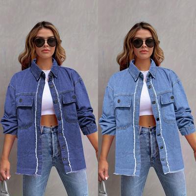 Womens Oversized Denim Jacket Streetwear Loose Fit Washed Cotton Jean Coat Long Sleeve Square Collar