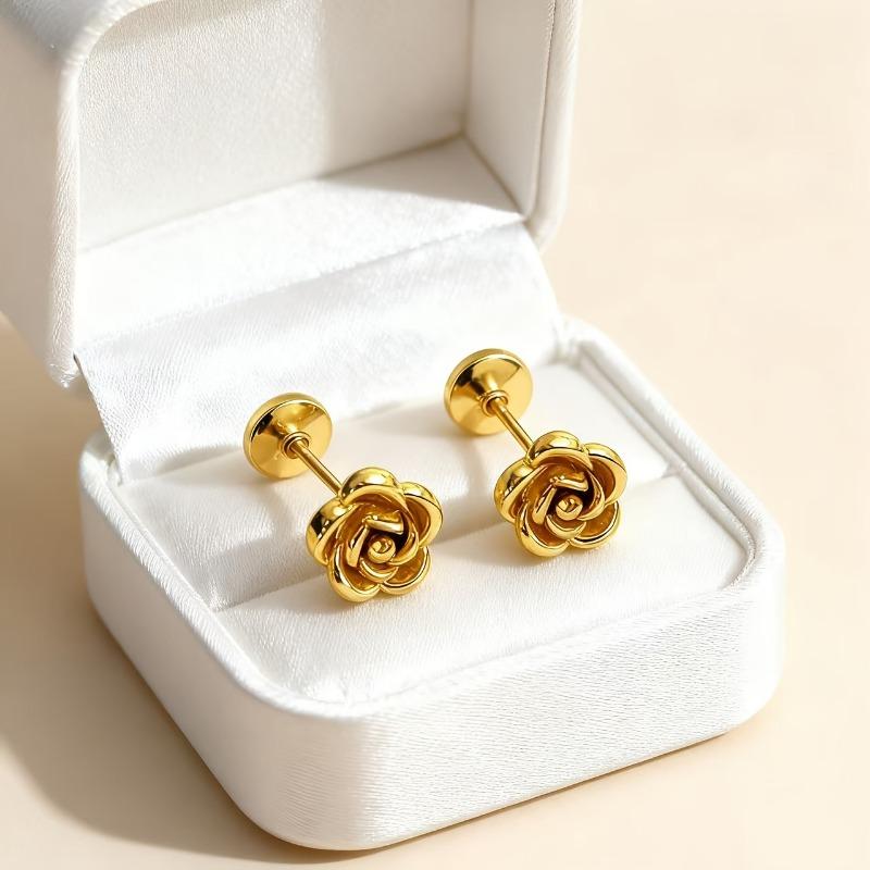 1 Pair of Fashionable Gold Color Rose Earrings, Suitable for Women s Daily Wear, Holiday Party Zircon Gifts