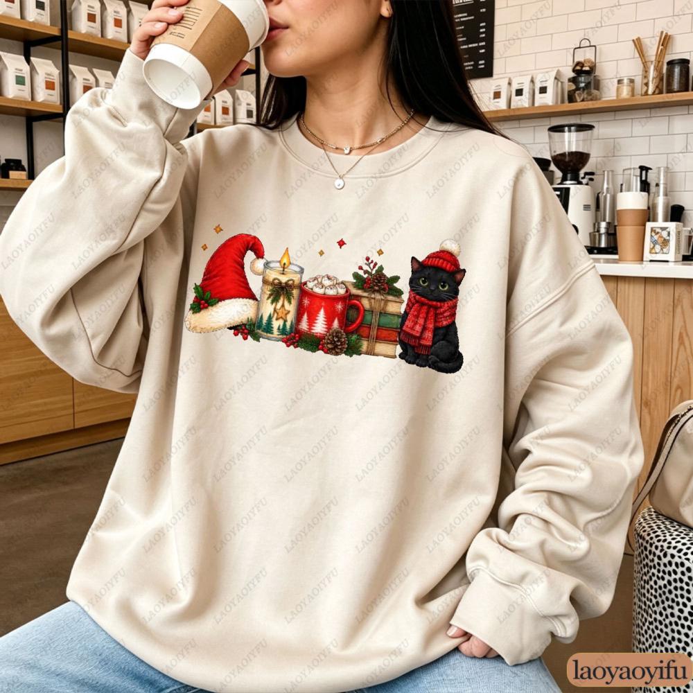 Christmas Black Cat Graphic Sweatshirt Women Autumn Winter Santa Hat Candle Coffee Print Loose Casual Pullover Streetwear